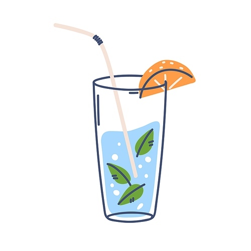 Water glass with mint leaf, orange slice and straw. Cold fresh aqua drink infused with citrus fruit and peppermint. Summer refreshment. Flat graphic vector illustration isolated on white .