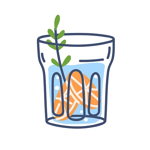 Water glass with rosemary leaf, orange piece. Cold fresh healthy aqua drink infused with citrus fruit and spice. Summer refreshment. Flat graphic vector illustration isolated on white .