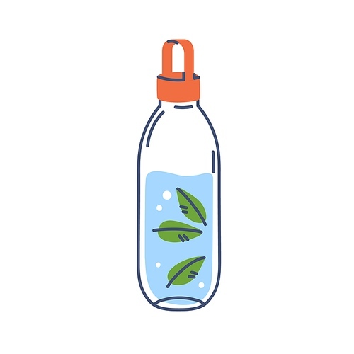 Recycled bottle with fresh water infused with mint flavor. Detox refreshing soda drink with peppermint leaf, aqua. Healthy aromatic beverage. Flat vector illustration isolated on white .