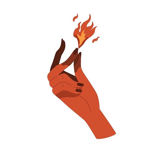 Witch hand with fire energy. Magician lighting magic blaze with finger. Illusionist arm playing with burning flame. Wizardry, witchcraft concept. Flat vector illustration isolated on white .