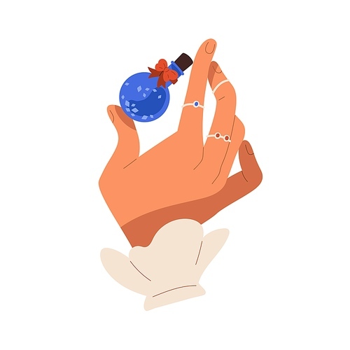 Potion bottle in witch hand. Holding vial of poison. Liquid elixir, essence for witchcraft, wizardry, black magic. Female arm with perfume jar. Flat vector illustration isolated on white .