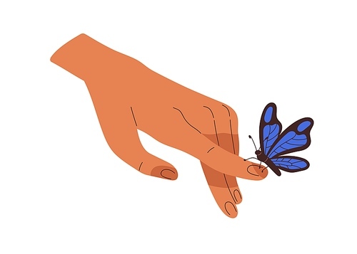 Hand touching beautiful butterfly. Winged flying insect sitting on human finger, arm. Unity, harmony with nature, entomology concept. Flat graphic vector illustration isolated on white .