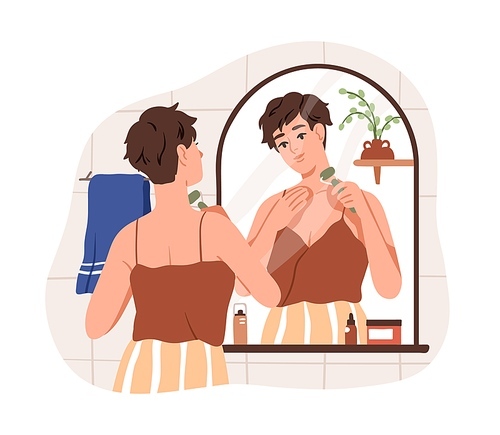 Young woman uses guasha roller for face and neck skin care, massage. Girl with gua sha, skincare routine in front of mirror at home bathroom. Flat vector illustration isolated on white .