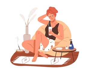 Woman relaxing, chilling at cozy comfortable home. Young girl with towel on head during calm relaxation restoration with drink and incense stick. Flat vector illustration isolated on white .