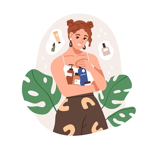 Woman holding organic cosmetic products. Happy girl with skincare cosmetics bottles, jars in hand. Female with eco vegan creams, lotions. Flat graphic vector illustration isolated on white .