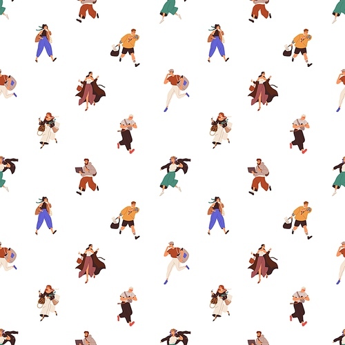 Busy people pattern. Seamless background with characters in rush, running fast on different businesses. Repeating print of active crowd hurrying, modern hectic life. Colored flat vector illustration.