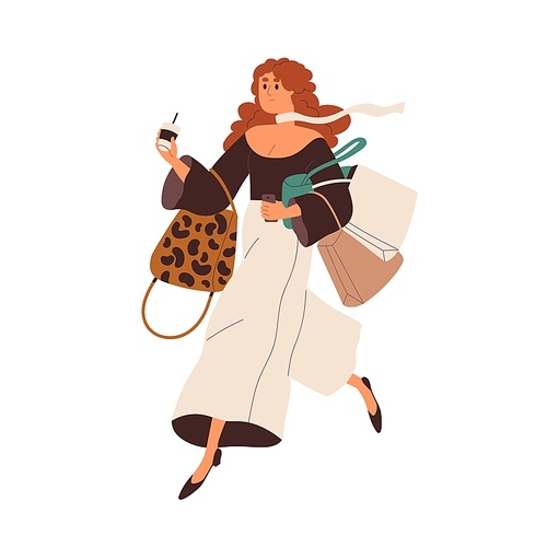 Fashion girl running with shopping bags, purse and coffee cup in hands. Modern young woman hurrying, rushing for sales. Fast lifestyle concept. Flat vector illustration isolated on white .