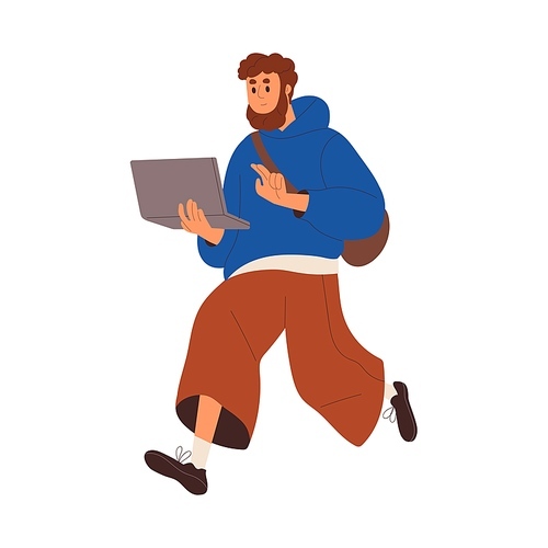 Busy business person hurrying, running, walking with laptop computer in hands. Hectic active man freelancer late with work, rushing. Flat graphic vector illustration isolated on white .