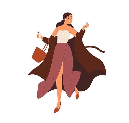 Excited woman looking in compact mirror on the run. Elegant happy girl is late for date, hurrying, rushing and putting on clothes on the go. Flat vector illustration isolated on white .
