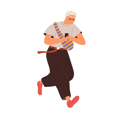 Man running, rushing on urgent business. Busy person is late, hurrying. Hectic male character moving with phone. Time limit, pressure concept. Flat vector illustration isolated on white .