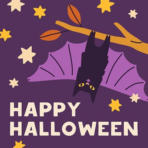 Happy Halloween greeting card design. Helloween holiday background template with cute funny spooky vampire bat. Square postcard for kids October night. Childish flat graphic vector illustration.