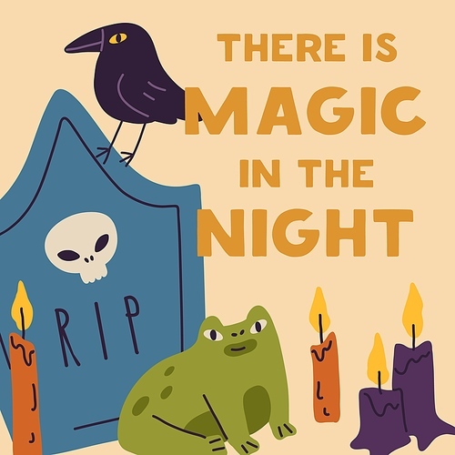 Halloween square card design with grave, skull, raven, candles and cute frog. Helloween holiday background template with tombstone for magic October night. Childish flat graphic vector illustration.