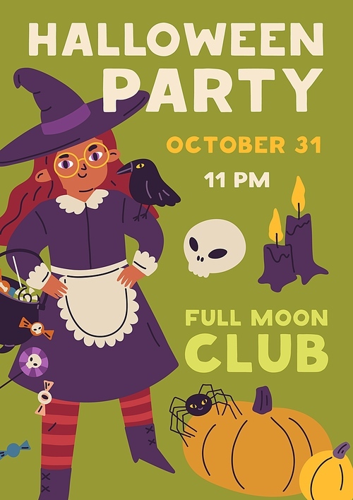 Halloween party flyer design. October holiday, promo card template with girl kid disguised in witch hat and costume for Helloween night. Ad vertical poster background. Flat graphic vector illustration.