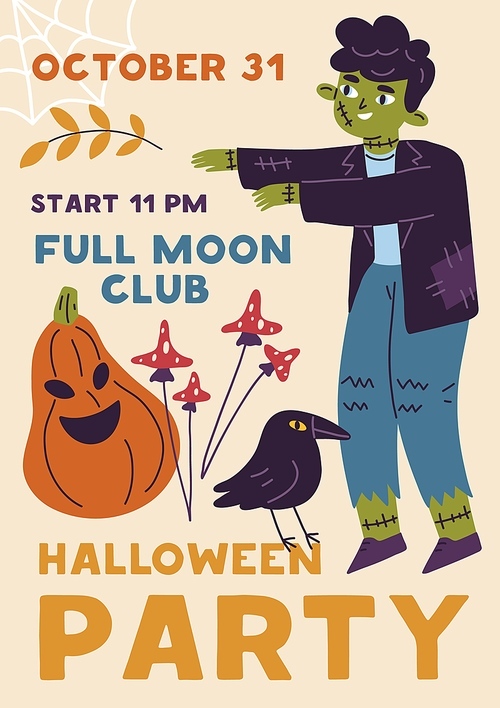 Halloween party flyer background design. Ad promotion card banner template with funny boy kid in zombie costume. October holiday poster, invitation for spooky night. Childish flat vector illustration.