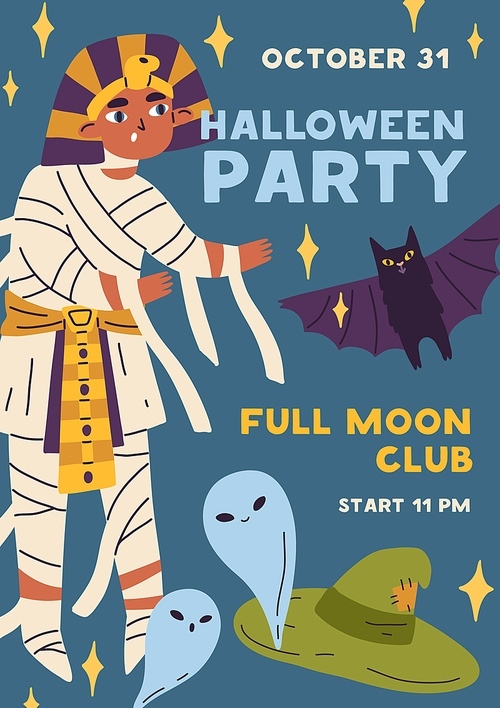 Halloween flyer design for kids party. Promotion card template with boy child disguised in creepy pharaoh costume. October holiday ads poster for spooky night. Childish flat vector illustration.