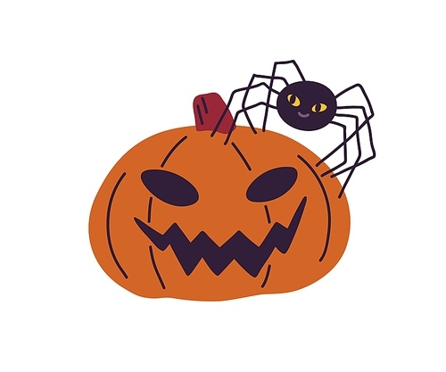 Halloween jack pumpkin with creepy carved face and cute funny spider. Scary spooky squash for Helloween holiday decoration. Childish flat graphic vector illustration isolated on white .