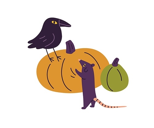 Halloween holiday pumpkins, raven and mouse. Cute funny and creepy animal characters and orange squashes for Helloween October party. Childish flat vector illustration isolated on white .