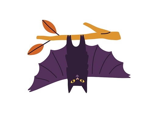 Cute spooky bat hanging on tree branch. Creepy funny night vampire animal upside down with wings spread. Scary Halloween character. Childish flat vector illustration isolated on white .