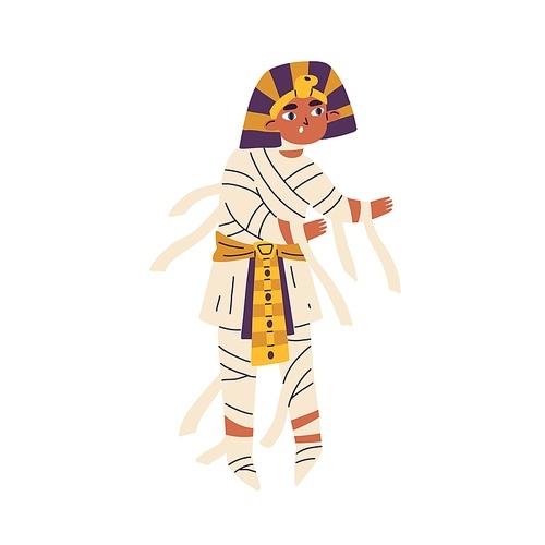 Boy dressed in pharaoh costume for Halloween holiday party. Child character walking, disguised in spooky creepy Egypt undead mummy. Childish flat vector illustration isolated on white .