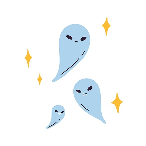 Spooky Halloween ghosts flying. Cute scary creepy phantoms floating. Funny Helloween spooks characters at magic October night. Childish flat vector illustration isolated on white .