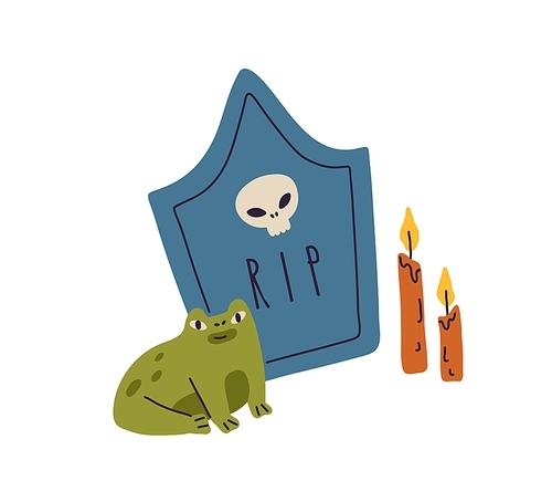 Cute frog at grave with candles on Halloween holiday. Funny Helloween animal at gravestone, tombstone. Childish scary creepy scene. Childlike flat vector illustration isolated on white .