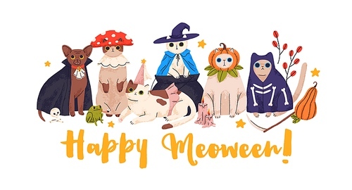 Cute Halloween cats disguised in funny costumes for holiday party. Happy Meoween, pets Helloween card with adorable amusing spooky kitties. Flat vector illustration isolated on white .