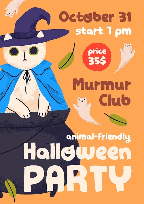 Halloween holiday poster design with cute cat in witch hat. Helloween flyer card background template for pet-friendly party. Vertical promo banner for funny carnival. Colored flat vector illustration.