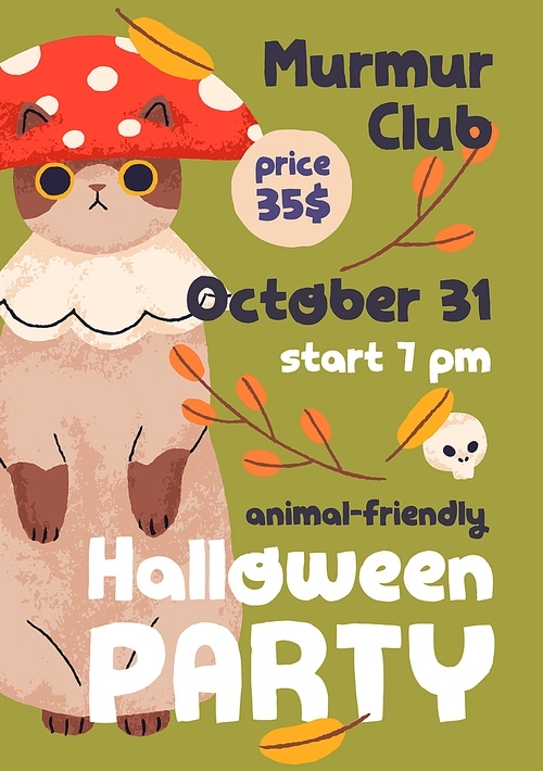 Halloween promotion card, poster design with cute funny cat. Inviting flyer template for pet-friendly party. Vertical banner background for Helloween holiday. Colored flat vector illustration.