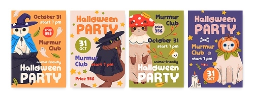 Kids Halloween party posters with cute cats. Helloween card background designs with funny kitties in holiday costumes. Vertical inviting banners, promotion flyers. Colored flat vector illustrations.