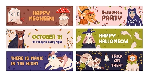 Cute Halloween banner designs set. Happy feline Helloween background templates with funny holiday kitties disguised in October costumes for fun night party. Childish colored flat vector illustrations.