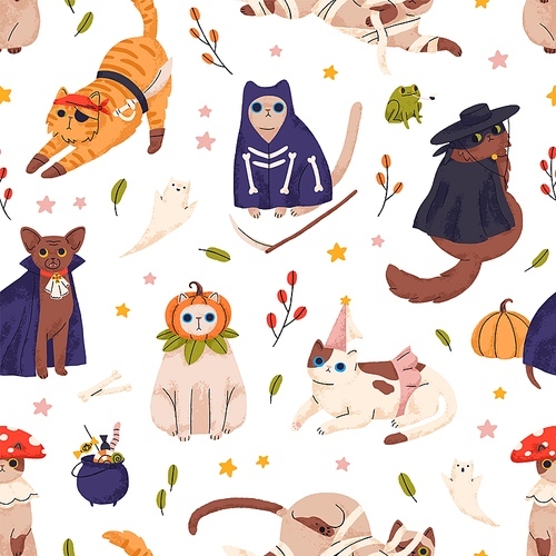 Cute Halloween pattern with funny cats in dracula, vampire costumes. Seamless background with kitty repeating print. Pets Helloween holiday texture design. Colored flat graphic vector illustration.