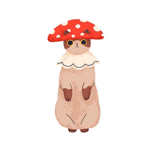 Cute cat in funny costume with mushroom cap. Halloween kitty disguised in fly agaric clothing. Adorable kitten, fairytale feline animal. Flat graphic vector illustration isolated on white .