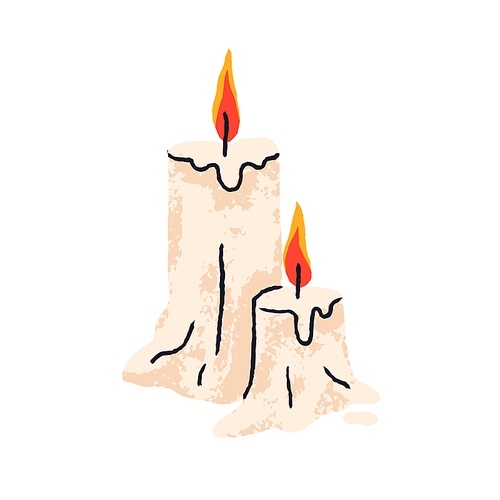 Melting wax candles with glowing fire light. Memory candlelights with burning flame, lit wicks. Cozy decoration. Flat vector illustration isolated on white .