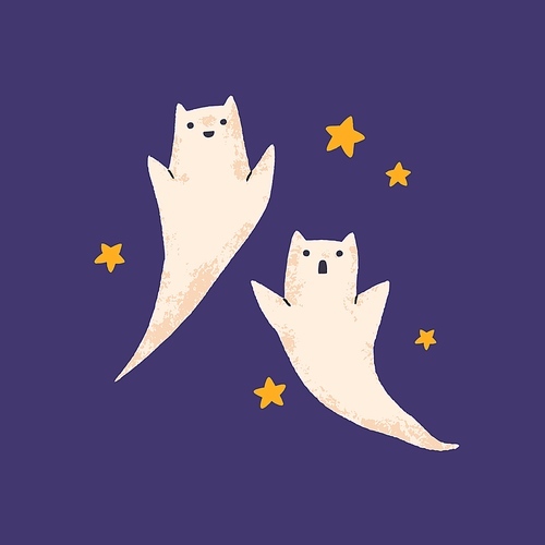 Cute cat ghosts floating in night sky. Halloween feline spooks. Funny kittens phantoms flying. Spooky amusing spirits. Fairy fantasy animals in Helloween heaven. Childish flat vector illustration.