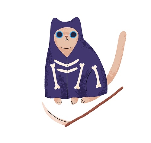 Cute Halloween cat in Death costume, robe. Funny kitty with scythe. Amusing fairy feline animal disguised in Helloween holiday cape. Flat graphic vector illustration isolated on white .