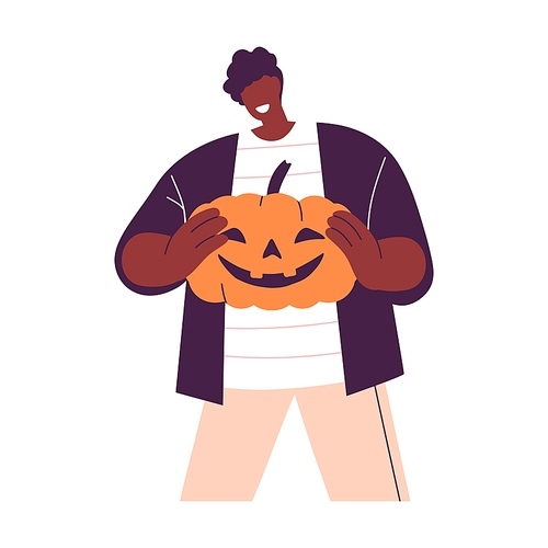 Happy black man holding Halloween pumpkin with carved face in hands. Young person with October holiday decoration for spooky night party. Flat vector illustration isolated on white .