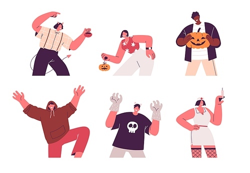 People in Halloween party costumes with holiday pumpkins set. Happy adult characters disguised in devil, nurse for creepy spooky carnival. Flat vector illustrations isolated on white .