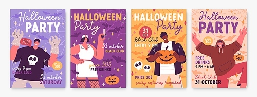 Halloween party flyers set. October holiday ad posters backgrounds. Promotion cards templates, vertical promo banners designs for creepy spooky carnival night. Colored flat vector illustrations.