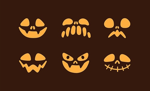 Cute scary Halloween jack pumpkin characters with different face expressions. Spooky creepy funny lantern head stencils, silhouettes set for Helloween holiday. Isolated flat vector illustrations.