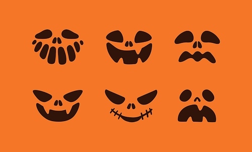 Cute scary Halloween faces for jack pumpkin stencils. Helloween holiday characters set. Spooky creepy evil lantern heads, silhouettes with angry, happy emotions. Isolated flat vector illustrations.