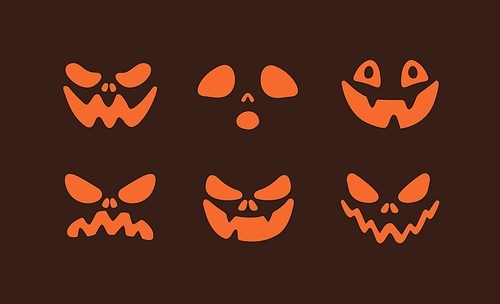 Scary Halloween faces with different emotions. Spooky Helloween holiday pumpkin characters with creepy, funny, happy, angry, evil, surprised expressions set. Isolated flat vector illustrations.