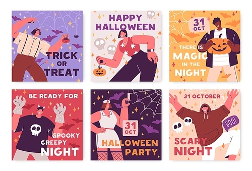 Halloween party cards designs. Helloween holiday square flyers backgrounds. Promo templates set for creepy scary October carnival night celebration with happy people. Colored flat vector illustrations.