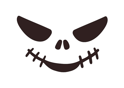 Scary Halloween face stencil, silhouette with creepy sewed smile, stitched mouth. Spooky monster character with evil facial expression, emotion. Flat vector illustration isolated on white .