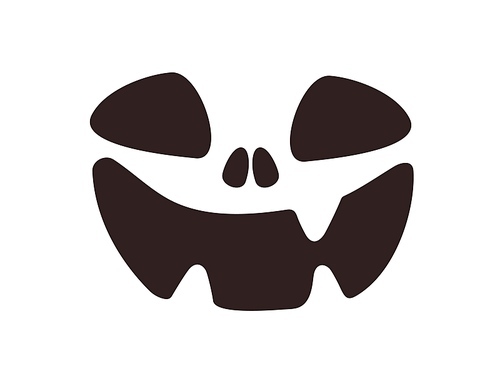 Happy Halloween face with scary creepy smile. Helloween monster stencil for carving with eyes, mouth, teeth. Black horror silhouette laughing. Flat vector illustration isolated on white .