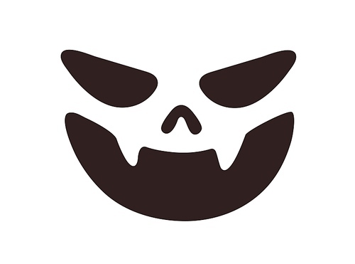 Creepy Halloween face laughing. Evil laughter of smiling spooky monster with fangs, teeth. Scary Helloween holiday pumpkin character stencil. Flat vector illustration isolated on white .