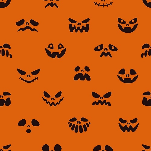 Halloween faces pattern. Seamless holiday background with spooky scary characters, jack pumpkin repeating print. Endless October texture design for wrapping, textile. Colored flat vector illustration.