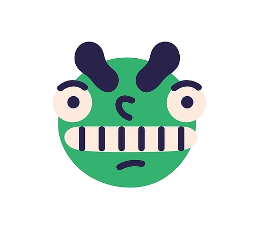 Cute angry face avatar with mad crazy facial expression. Abstract character with teeth in anger, frowning eyebrows. Emoji with negative emotion. Flat vector illustration isolated on white .