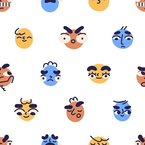 Seamless pattern with fun face avatars. Background, texture design with emotions, facial expressions of abstract cute funny characters, emojis, repeating print. Colored flat vector illustration.