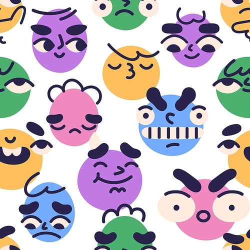 Seamless pattern with face avatars, emojis with different expressions, emotions. Background with funny good and bad characters, emoticons, repeating print. Colored flat vector illustration for fabric.