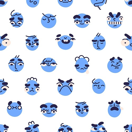 Seamless pattern with face avatars, emojis. Different emotions, expressions, endless background with emoticon characters, repeating print. Funny cute texture design. Colored flat vector illustration.